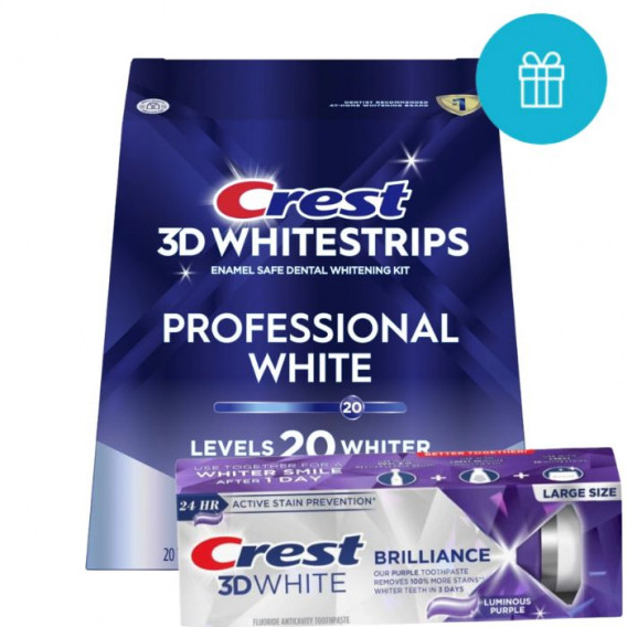 Crest PROFESSIONAL WHITE fogfehérítő matrica + BRILLIANCE Luminous PURPLE fehérítő fogkrém